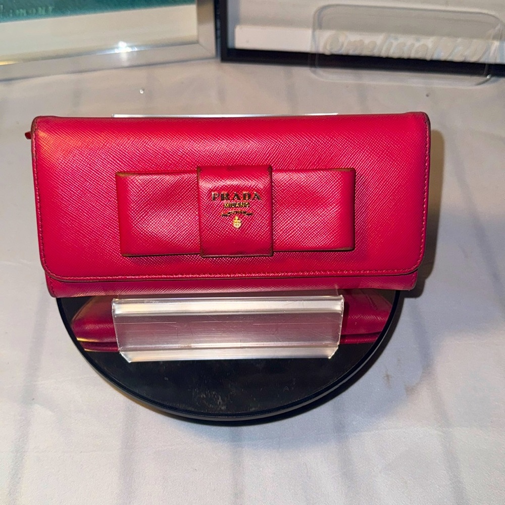 Authentic PRADA Saffiano Leather Fiocco Long Wallet Fuchsia GUC - Picture 1 of 16